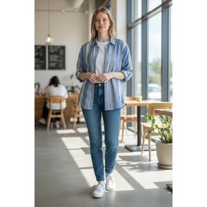 Gap The Big Shirt Womens XL Blue White Striped Cotton Button Down Oversized Long